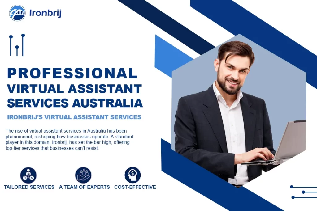 ironbrij-professional-virtual-assistant-services-australia-blue-white-geometric-background-smiling-man-with-laptop-tailored-services-team-of-experts-cost-effective-offerings-highlighted